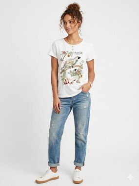 Ann Taylor Factory Embroidered Bird Tee XL White Floral Parrot Top